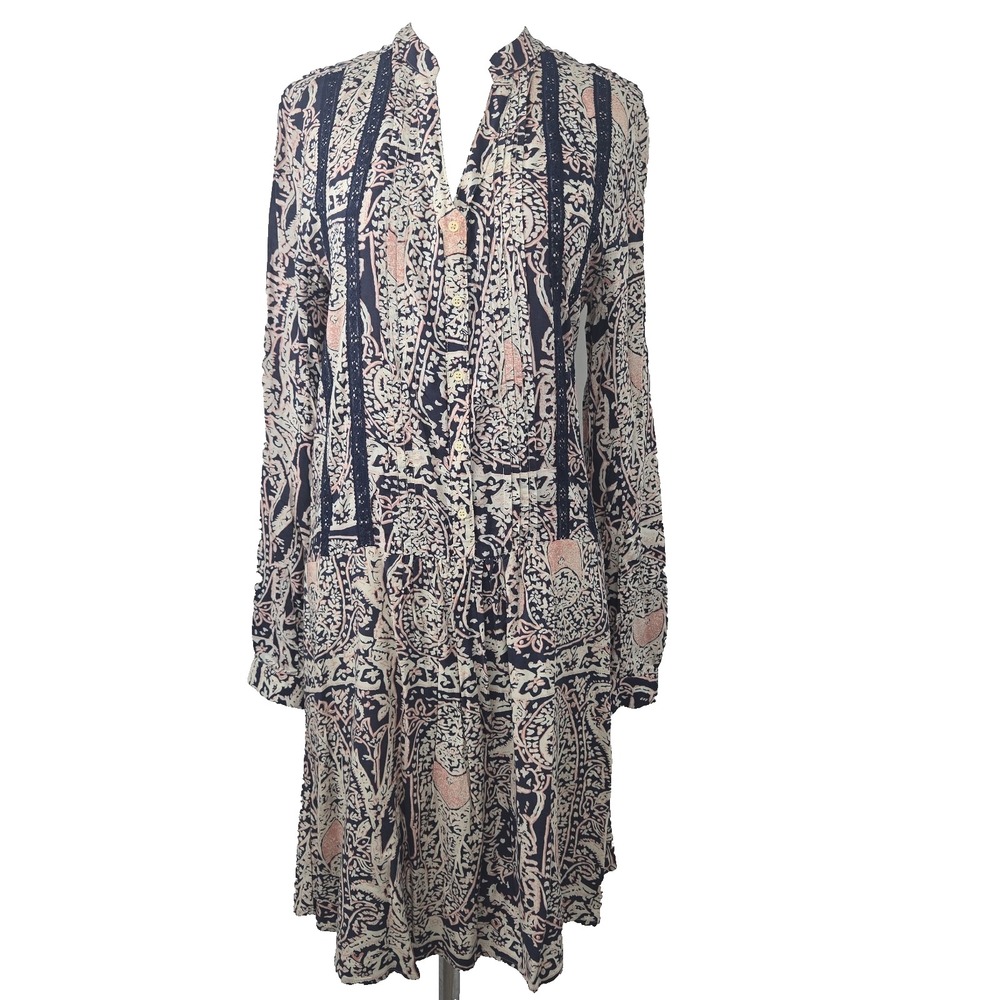 TINY Blue Paisley Print Poplin Button Up Long Sleeve Shirt Dress Pockets Medium